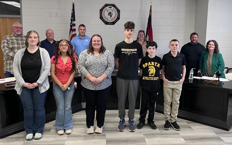 Angel Owens • Photo Clay County Schools Board of Education recognized Honor Band students during a regular meeting March 23, from left, Abigail McClure, Kassandra Gonzalez Machorro, Teacher Alexis Dockery, Charles McClure, John Anthony Worley and Aekley Postell; back, board member, Robert Caldwell; school board chairman, Jason Shook; Superintendent Melissa Godfrey, board members Josh Ashe and Kelly Crawford.