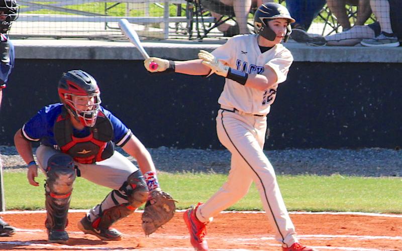 Yellow Jacket infielder/outfielder Rhett Sellers justifies his promotion to the starting line-up by cracking an RBI-single in Hayesville's 15-1 victory.