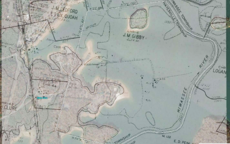 Overlay of map showing the original Gibby farm and Lake Chatuge as it is today.
