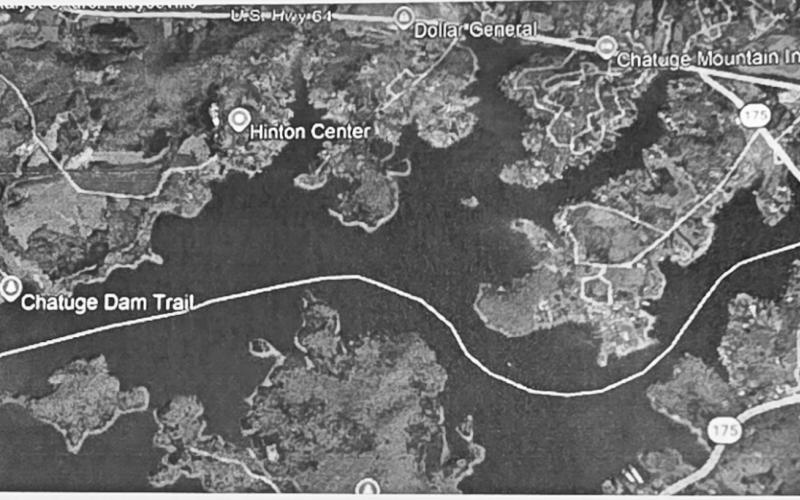 The conceptual route of a new transmission line across Lake Chatuge to support the planned Blue Ridge Mountain EMC Shooting Creek substation in Clay County.