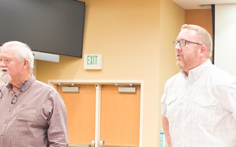 Clay County Commissioners Special Called Meeting on Monday, June 18 concluded the approval of the 2026-2027 tax budget. From left, Commissioner Clay Logan and Chairman Dr. Rob Peck answered questions from the public.