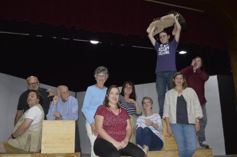 “Curious” cast meets curious script. Front from left, Jon Jordan, Ben Stephens, BJ Foster and Abigail Jacobs. Middle, Jessica Gentry, Susan Morgan and Virginia Mattox. Back, Lamar Barber, on cube holding Wellington is Jody Hensley, far right is David Layfield. • Pam Roman • Photo submitted