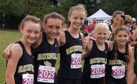 (Submitted • Clay County Progress) From left, Macy Dupriest, Emma Ashe, Raelynn Wood, MadaLynn Murray and Leah Thomas are smiles after winning their meet in Robinsville.