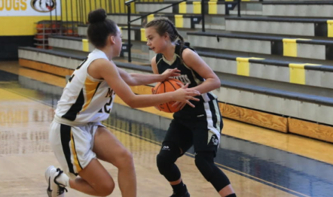 (Kelli Graves * Clay County Progress) Lila Roberts comes under attack as she tries to move the ball down the court.