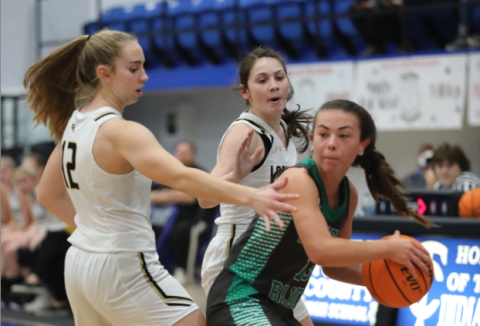 (Photo by Kelli Graves / Clay County Progress) Lila Payne and Breanna Burnette try to trap a Lady Eagle. 