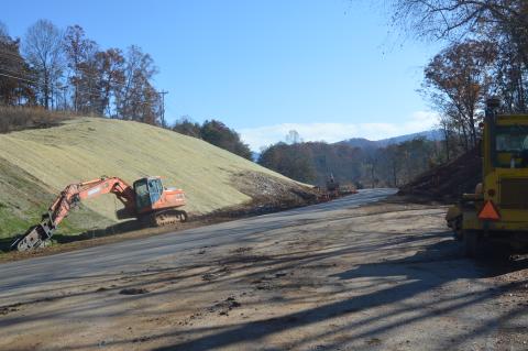 (Lorrie Ross • Clay County Progress) Modernization has begun on NC Highway 175, which travels south into Hiawassee, Ga. Construction equipment has been present on that road for several months, especially near the High Bridge where this picture was taken. Expect the heavy equipment to remain on site for a while since the scheduled completion date is not until Oct. 1, 2021.