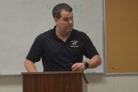 (Lorrie Ross • Clay County Progress) Director of Technology and Safety Of- ficer Adrian Jefferies explains how a $9,300 safety grant was received to install three doors and buy two-way radios.