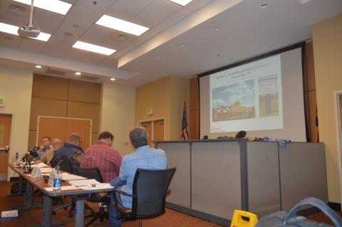 (Lorrie Ross • Clay County Progress) Clay County's Board of Commissioners viewed a Powerpoint presentation by Erlanger CEO Mark Kimball, who said the hospital had made  five and half million dollars in capital investments in western North Carolina with building improvements for clinics, technology updates and more.