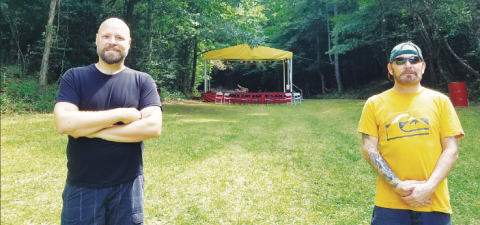 Samantha Sinclair • Cherokee Scout Johnny Scroggs and Bert Zimmerman are preparing Dog Branch Grounds in Brasstown for its first of monthly concerts.