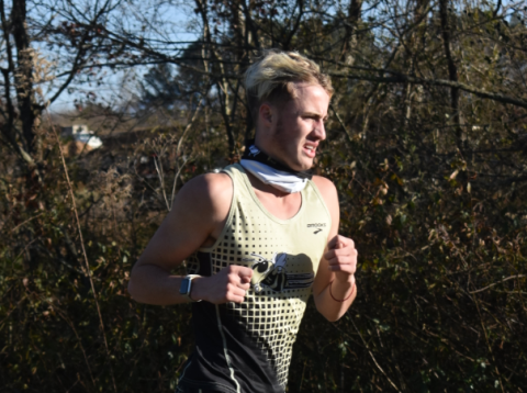 (Travis Dockery • Clay County Progress) Senior Ryelan Snowden hits the homestretch on his way to a home victory.
