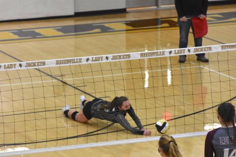 (Travis Dockery • Clay County Progress) Senior Maggie Plemmons comes up just short in keeping the ball from hitting the floor