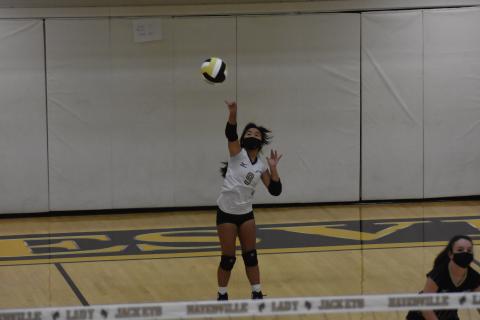 (Travis Dockery • Clay County Progress) Pheobe Pietela fires off a serve for one of her two aces in Hayesville's win over Andrews.