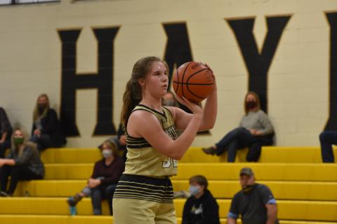 Travis Dockery • Clay County Progress Mallory Peck steps to the line for free throws following a technical called on Rosman due to procedural violations stemming from line-up errors. 