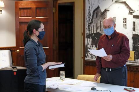 (Jared Putnam • Clay County Progress) Lauren Tiger is sworn in as a member of the Hayesville Town Council by Mayor Harry Baughn during the monthly council meeting on Monday in Hayesville.