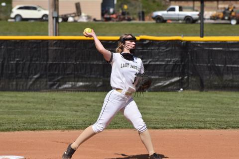 (Travis Dockery • Clay County Progress) Lady Jacket second baseman Lila Payne snags a grounder and fires to first for an out.