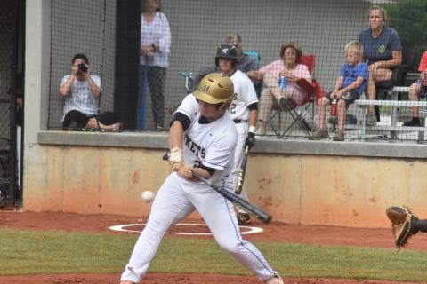 Leadoff man Connor Bradley likes the first pitch he sees and swings away.