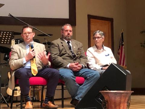 During the People of Clay CARE Alcohol Awareness town hall held May 25, attendees heard from several professionals and experts in their fields. From left, Clay County Schools Superintendent Dale Cole, Clay County Sheriff Bobby Deese and Mountain Projects prevention specialist Patti Tiberi, were some of the speakers during the event. The prevention coalition will host its first official open community meeting at 6 p.m. Tuesday, July 13 and the multipurpose classroom of the Clay County Courthouse.