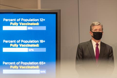 (Photo by Maya Reagan)  Gov. Roy Cooper addresses recent COVID numbers during his  July 29 press conference.