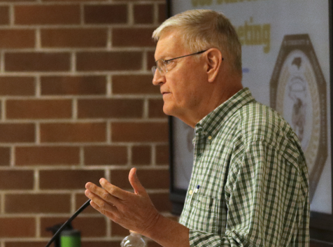 (Jared Putnam • Clay County Progress) Jim Johnson speaks about topics such as social studies standards and Critical Race Theory during the public comment portion of the Clay County Board of Education's July meeting.
