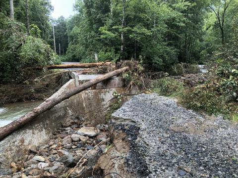 Washed out road section on FS 475 (Davidson River Road) near Daniels Ridge trail.