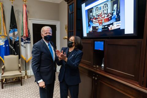 President Joe Biden and Vice President Kamala Harris celebrating the Senate passage of the American Rescue Plan, a $1.9 trillion spending package. (Photo from The White House Facebook page.)