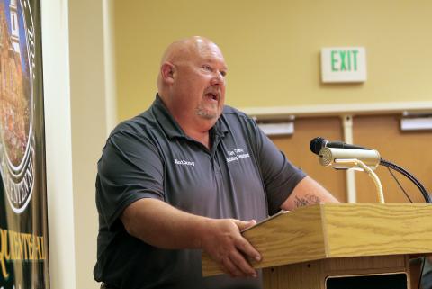 Clay County Building Inspector Anthony Stillwell discusses a fee schedule for permits related to the Residential Park Development Ordinance during the board of commissioners meeting on Aug. 5 in Hayesville.