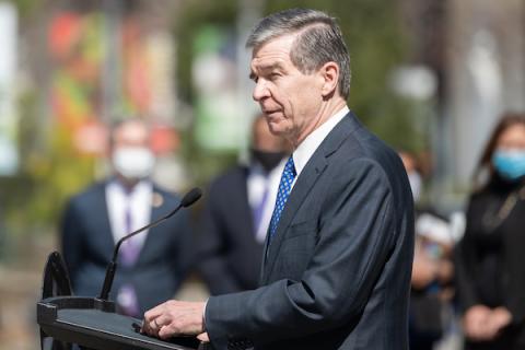 Gov. Roy Cooper speaking to veterans in Raleigh, Spring 2021. (Photo by Maya Reagan, Carolina Journal)