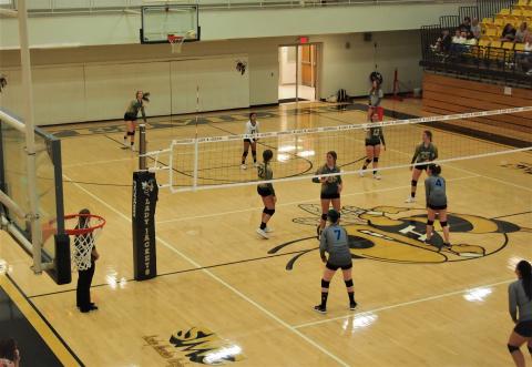 (Patrick Queen • Clay County Progress) Elyssa Brown smacks the ball for an ace serve in Hayesville’s quick 3-0 win over Nantahala.