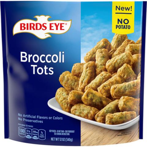 Birds Eye Broccoli Tots in 12 ounce packages with specific best buy dates.
