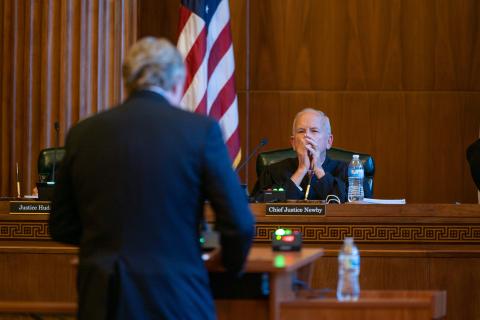  N.C. Supreme Court Chief Justice Paul Newby listens as attorney Paul "Skip" Stam argues before the court on November 9, 2021. (Photo by Maya Reagan, Carolina Journal.)   