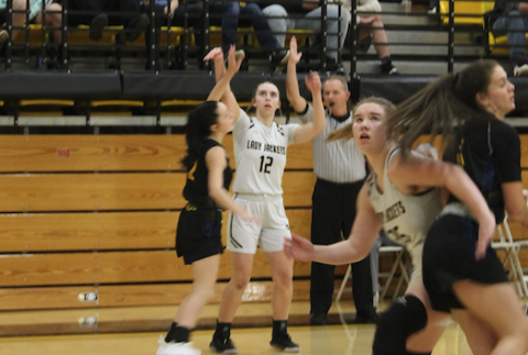 (Deby Jo Ferguson • Clay County Progress) Lila Payne launches one of her 10 three-point shots, a performance that landed her in the state record book.