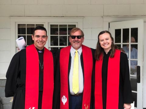 (Lorrie Ross • Clay County Progress) Pastor Bryan Wilson was ordained into the WNC Conference of the United Methodist Church in June 2021 at Lake Junaluska, N.C. After the ceremony, he posed with Hayesville First UMC Pastor Kirk Hatherly, center, who mentored Wilson and Pastor Nikki Baten, whom Wilson helped mentor as she attended seminary.