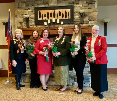 Installation of Officers, from left, are, Betty Brown Harrah, Pam Matthews, Pam Greene, Annette Hopgood, Becky London and Linda Carr.