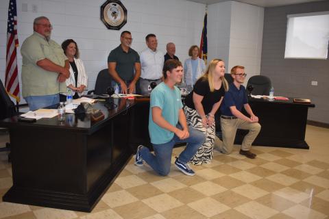 Marcia Barnes • Clay County Progress Clay County School Board members recognized seniors who attended the Empower Teen Leadership Summit.  Front, from left, are Dallyn Rhea, Lyndsey Evans and Jacob Christiansen; back, board members Danny Jones, Kelly Crawford, Jason Shook, Supt. Dale Cole, Robert Caldwell and Reba Beck.