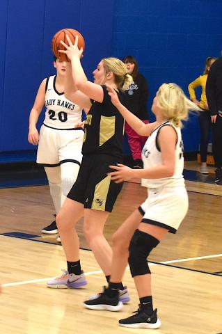 Gary Corsair • Clay County Progress Hayesville center Brooke Graves spins into the lane for a basket in the second quarter of Hayesville's 65-28 triumph over Nantahala on Tuesday. 