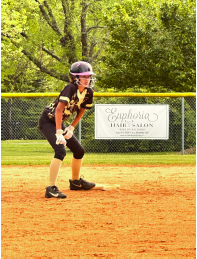 Lucy Trout on second base waiting for the opportunity to steal.