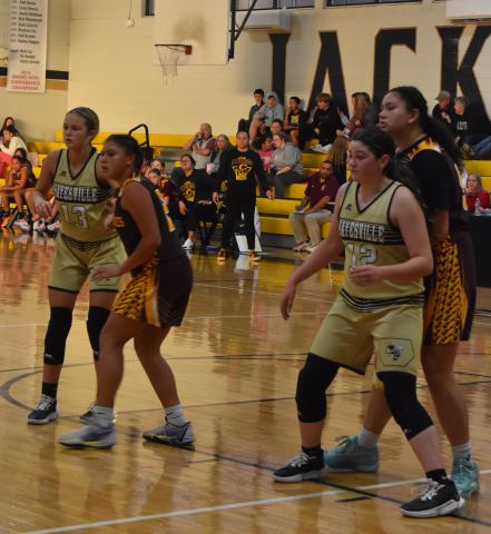Kara Bauer and Taylyn Young fend off Cherokee players.