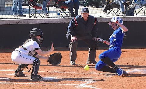 Gary Corsair • Clay County Progress Hayesville catcher Callie Long blocks the plate and reaches for the ball as a Hiwassee Dam runner attempts to score.