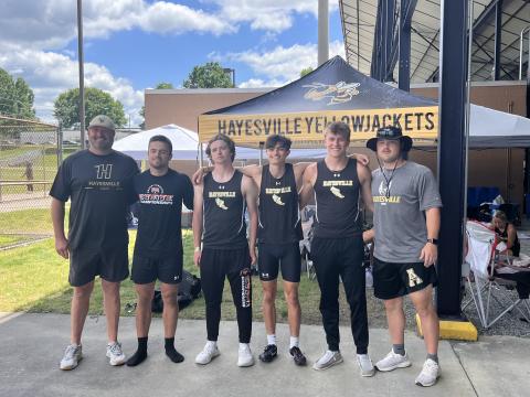 Coach Hensley, Seth Leek, Kenyon Rogers, Ellio Murillo, Isaac Chandler, Blake McClure at the 1A State Championship Track Meet.