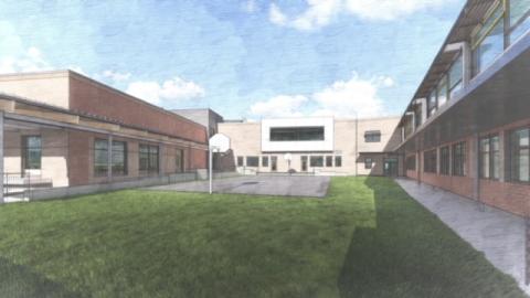 Hayesville Intermediate School courtyard will be situated between the hub building and middle school wing.