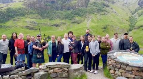 Photos from Clay County Global Studies Facebook page Global Studies students with bagpiper. Nineteen Clay County students traveled to Scotland in June with several adult chaperone’s. The Global Studies program participants visited Ben Nevis Mountain in Scotland as one of many sites on their trip.