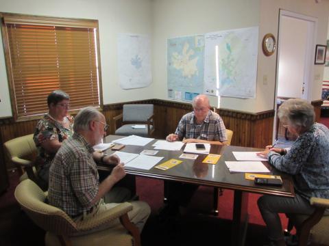 From left, Mayor Joe Slaton, council members, Benita England, Harry Baughn and Town Clerk/Finance Officer Suzanne Hedden discuss deterrence against panhandling in the town.