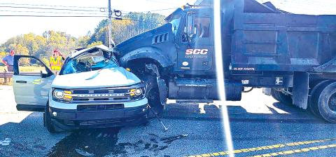 Photo by Joe Davenport Curtis Lesley was driving this 2022 Ford Bronco when it was struck by a loaded commercial dump truck carrying asphalt. Lesley did not survive the accident.
