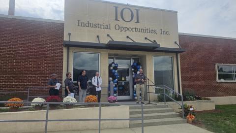 Speakers at IOI's 50th anniversary open house on included, from left, board member Bill Vespasian, President Tom O'Brien and N.C. Senator Kevin Corbin