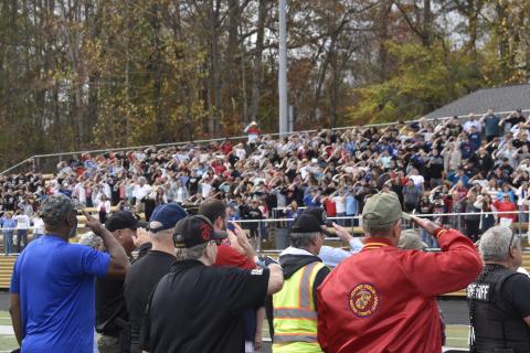 Gracie Taylor • Clay County Progress Veterans and the young crowd salute during a celebration Nov. 6 on the Clay County Schools campus. Members of the military were recognized for the current and previous service to our nation. The event gave young people the opportunity to not only honor, but learn more about veterans and interact with some of their heroes. See photos from both ceremonies A10.