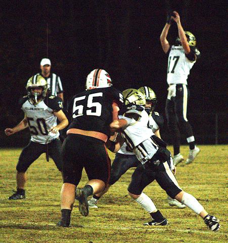 Gary Corsair • Clay County Progress The Yellow Jackets playoff hopes may hinge on the play of Hayesville linemen, including Patrick Denton, No. 50, Kasen Chastain, No. 55, and blocking by special teams members like Landon Cheeks, No. 40, shown providing protection for punter Johan Webb, No. 17, against Andrews.