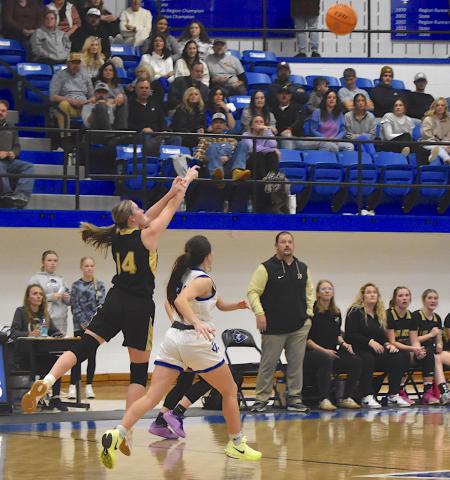 Gary Corsair • Clay County Progress All eyes are on the ball as Hayesville's Briley Clampitt, No. 14, launches a Hail Mary shot as the buzzer sounds at Towns County High School on Friday. The desperate heave didn't go in and the Indians prevailed, 44-42.