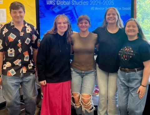 Photo contributed by Ginger Scerri From left, Will Jennings, 11th; Abigail McClure, 11th;  Emillia Lackey, 10th; Ann Gibson, 11th, and Grace Gibson, 11th, are the high school mentors who will travel with the Second Global Studies Annual Independent Experiential Educational Trip Abroad.