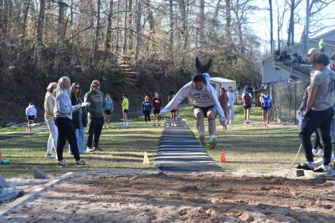Norashae Patterson • Clay County Progress Lucy Trout jumps into first place with 13 feet 3.50 inches.