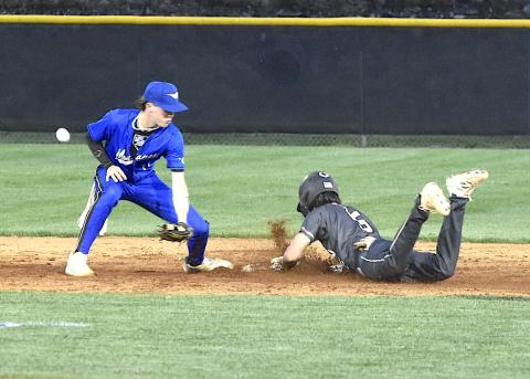 Gary Corsair • Clay County Progress Hayesville's Ben Bethel steals second base as the baseball eludes Smoky Mountain's shortstop.